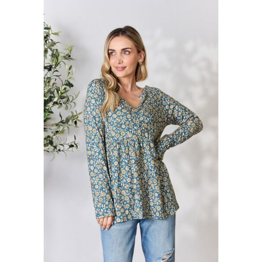 Heimish Full Size Floral Half Button Long Sleeve Blouse Dusty Teal Multi / S Clothing