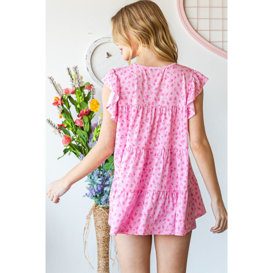 Heimish Full Size Floral Ruffled Tiered Top Pink / S Apparel and Accessories