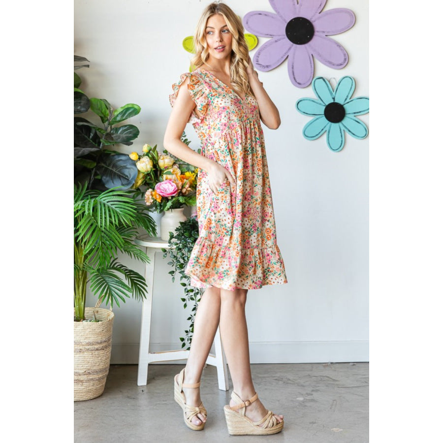Heimish Full Size Floral Ruffled V - Neck Dress Apparel and Accessories