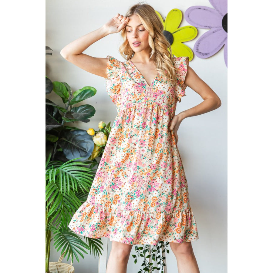 Heimish Full Size Floral Ruffled V - Neck Dress Apparel and Accessories
