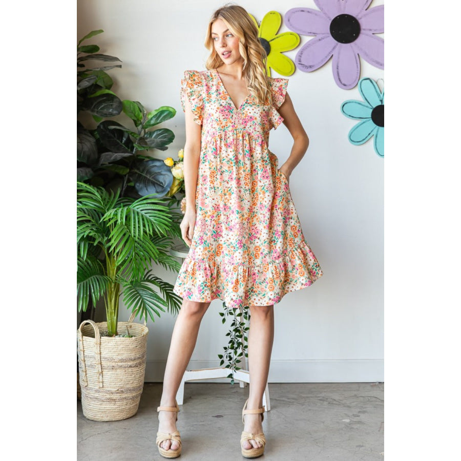 Heimish Full Size Floral Ruffled V - Neck Dress Apparel and Accessories