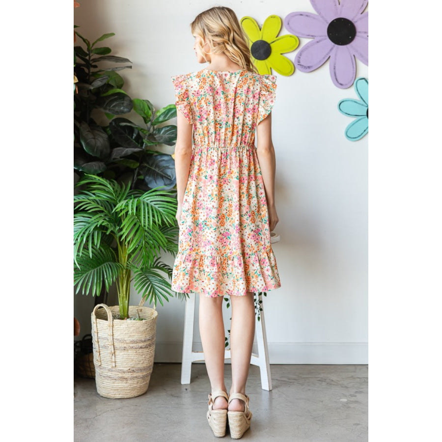 Heimish Full Size Floral Ruffled V - Neck Dress Apparel and Accessories