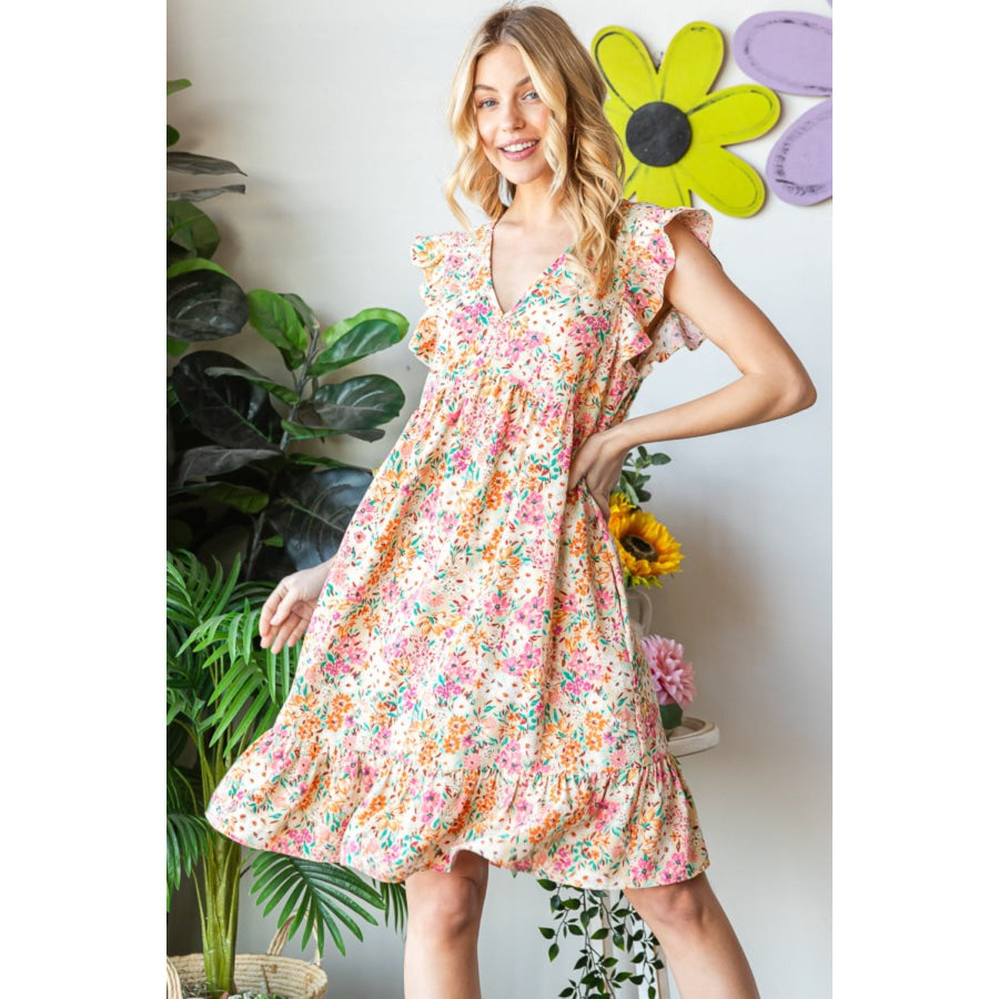 Heimish Full Size Floral Ruffled V - Neck Dress Sand / S Apparel and Accessories