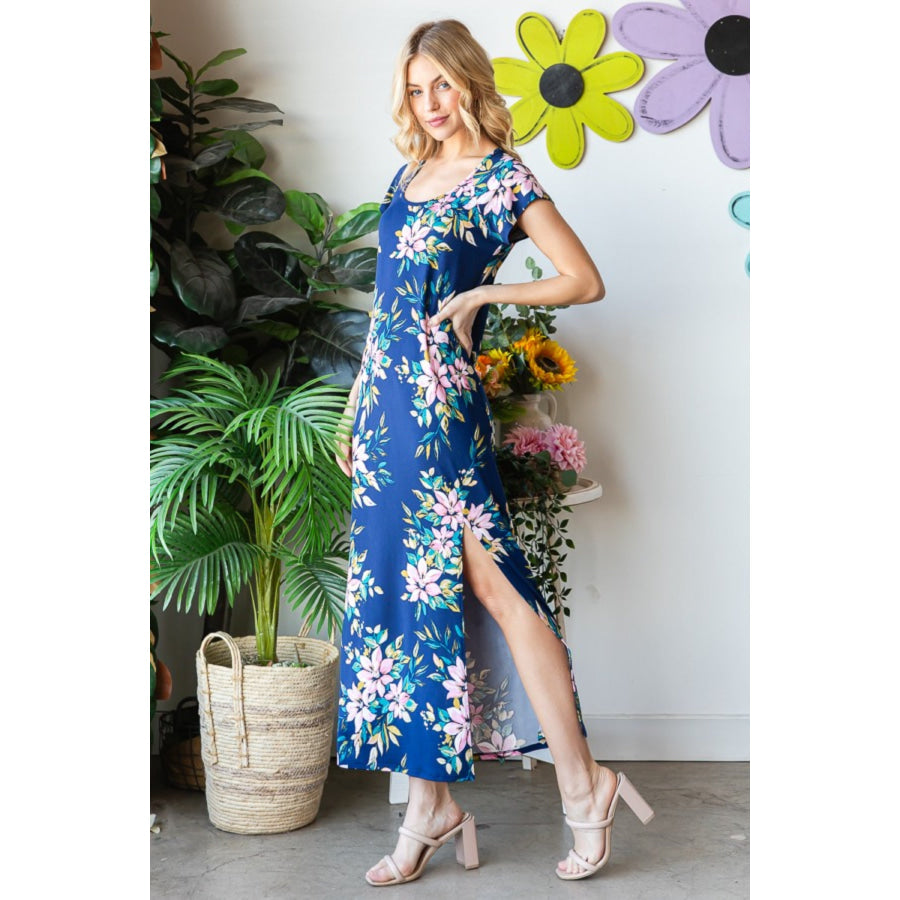 Heimish Full Size Floral Short Sleeve Slit Dress Apparel and Accessories