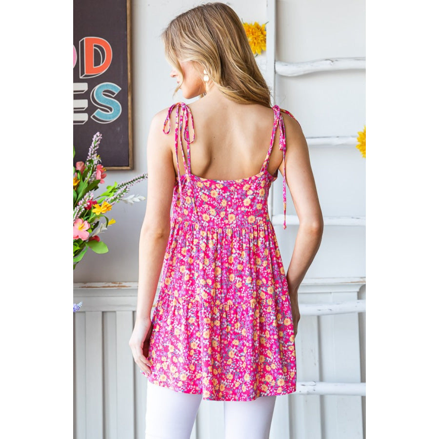 Heimish Full size Floral Tie Shoulder Tiered Cami Fuchsia / S Apparel and Accessories