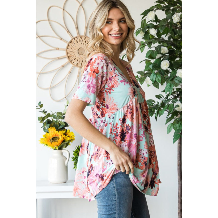 Heimish Full Size Floral V-Neck Short Sleeve Babydoll Blouse Apparel and Accessories