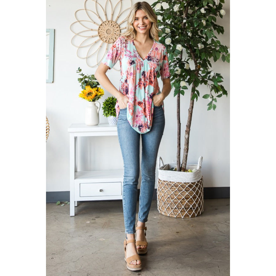 Heimish Full Size Floral V-Neck Short Sleeve Babydoll Blouse Apparel and Accessories