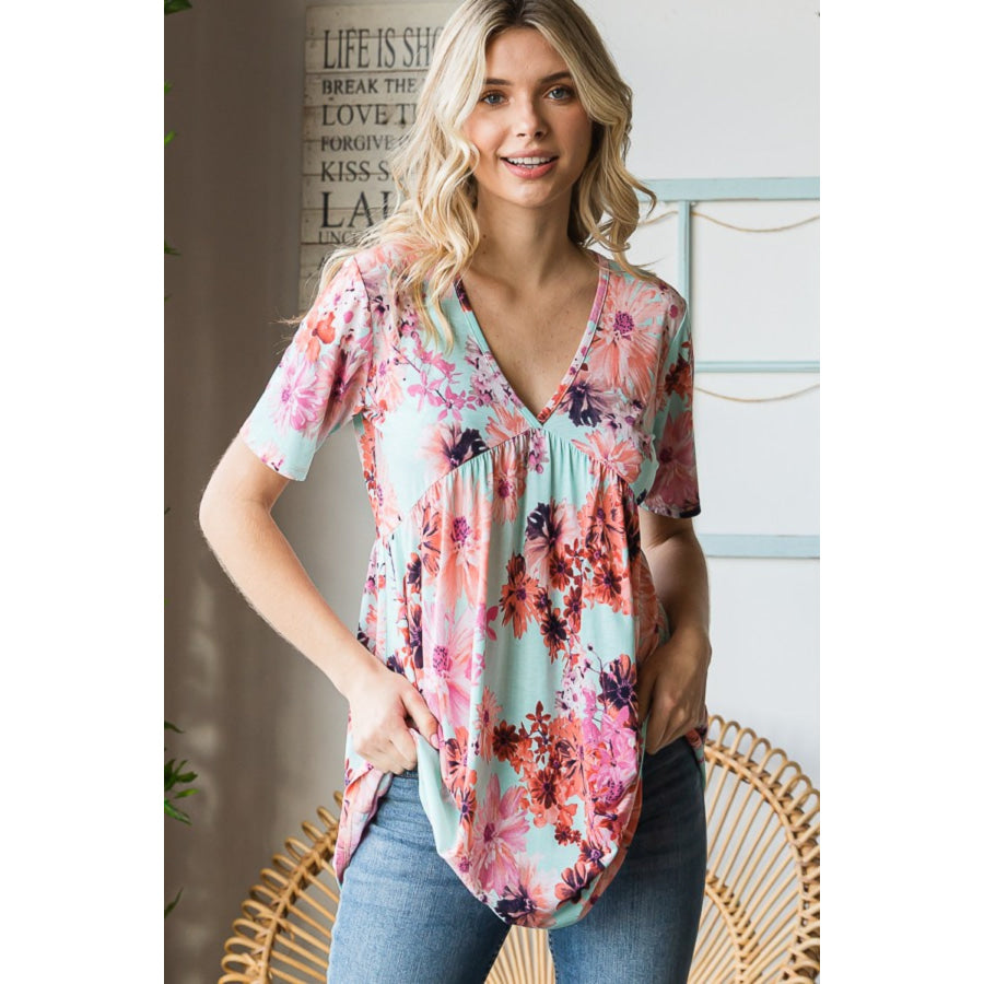 Heimish Full Size Floral V-Neck Short Sleeve Babydoll Blouse Apparel and Accessories