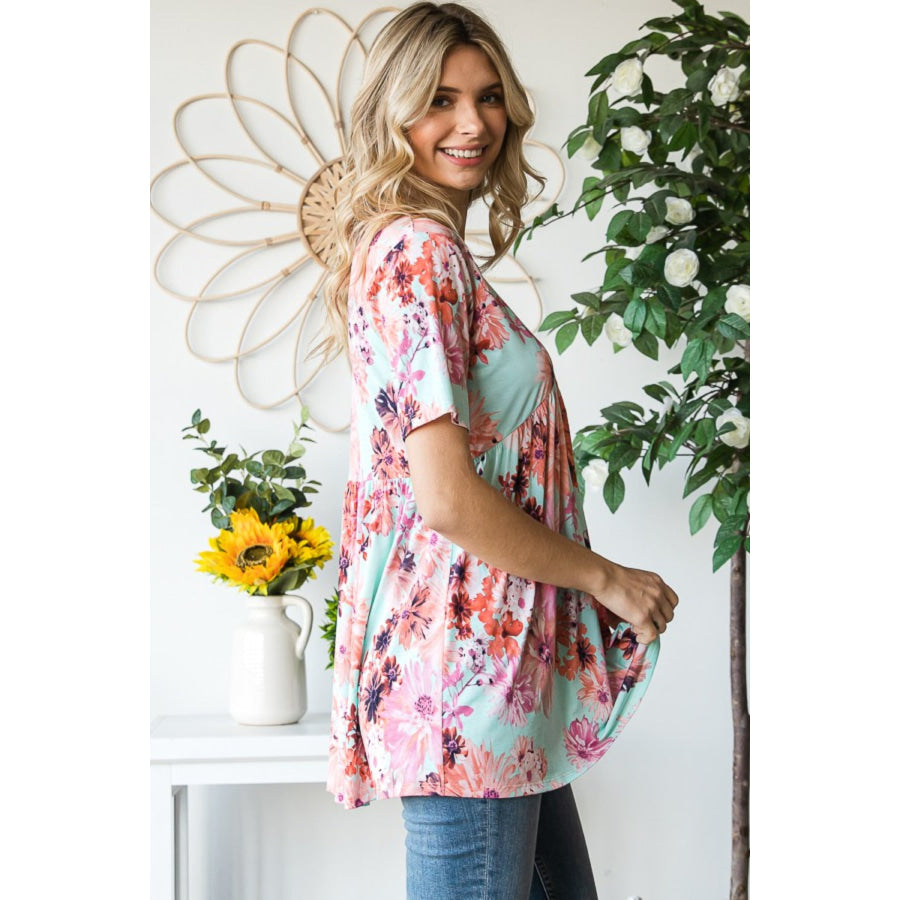 Heimish Full Size Floral V-Neck Short Sleeve Babydoll Blouse Apparel and Accessories