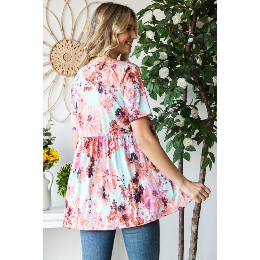 Heimish Full Size Floral V-Neck Short Sleeve Babydoll Blouse MINT / S Apparel and Accessories