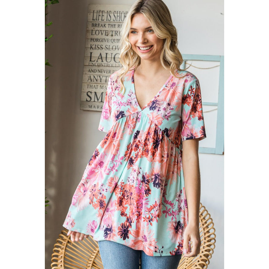 Heimish Full Size Floral V-Neck Short Sleeve Babydoll Blouse Apparel and Accessories