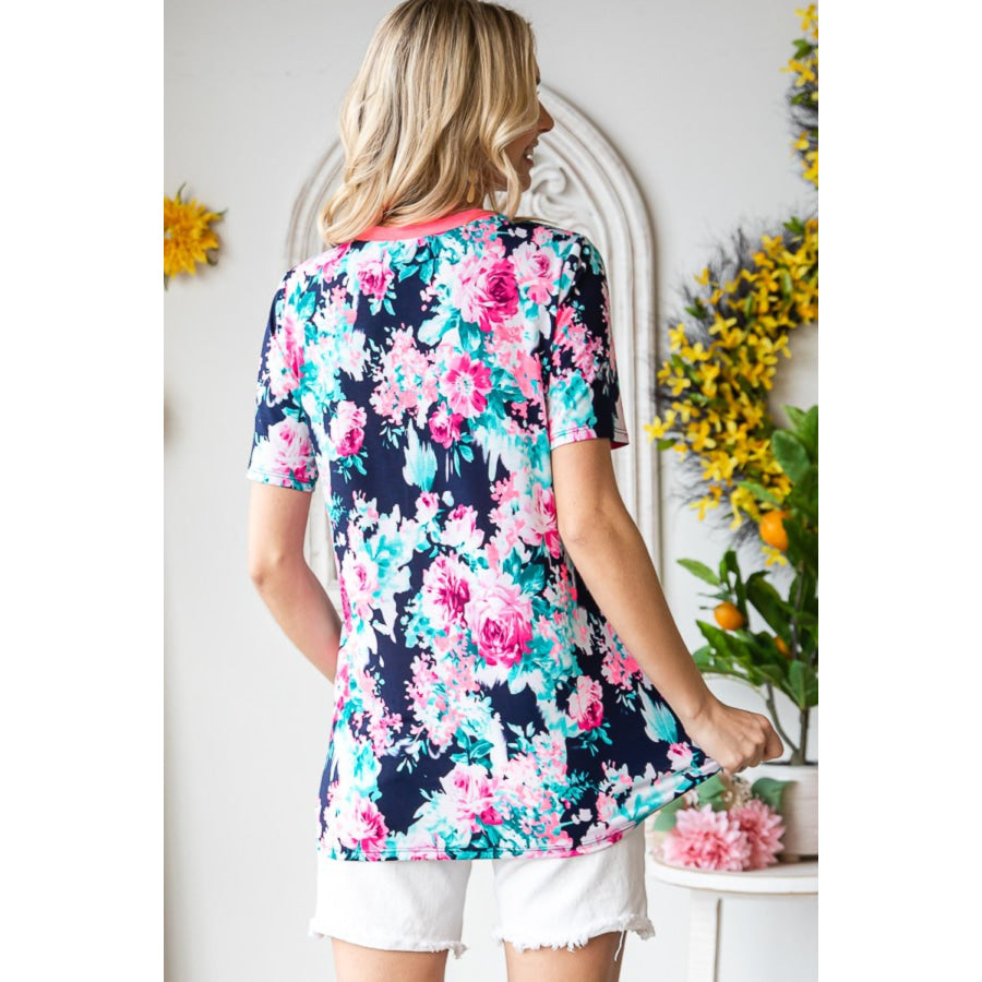 Heimish Full Size Floral V-Neck Short Sleeve T-Shirt NAVY NEONPINK / S Apparel and Accessories