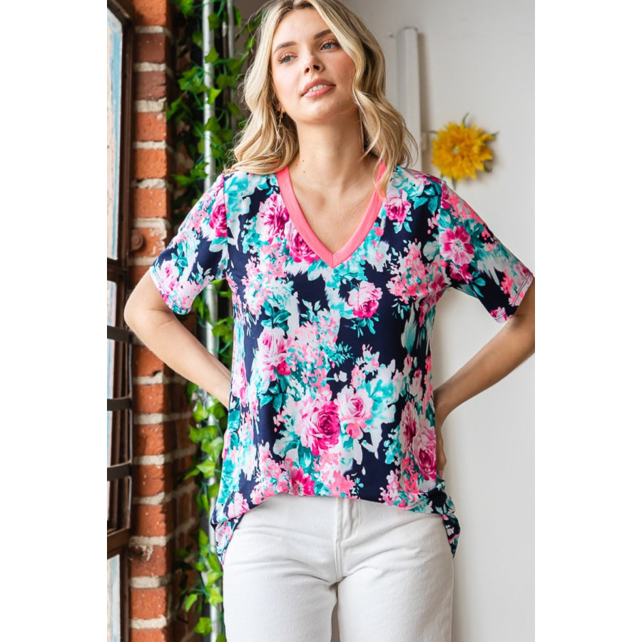 Heimish Full Size Floral V-Neck Short Sleeve T-Shirt Apparel and Accessories