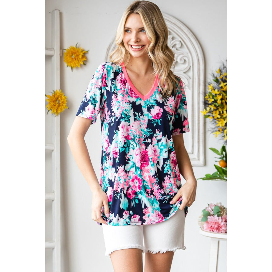 Heimish Full Size Floral V-Neck Short Sleeve T-Shirt NAVY NEONPINK / S Apparel and Accessories