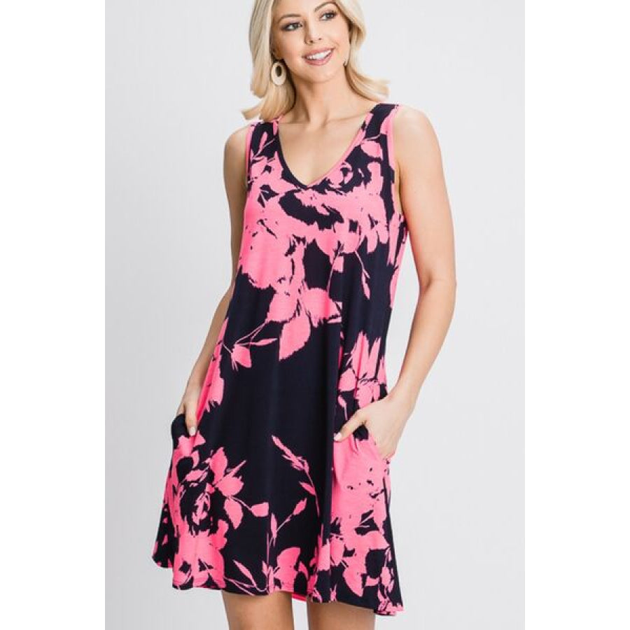 Heimish Full Size Floral V - Neck Tank Dress with Pockets Apparel and Accessories