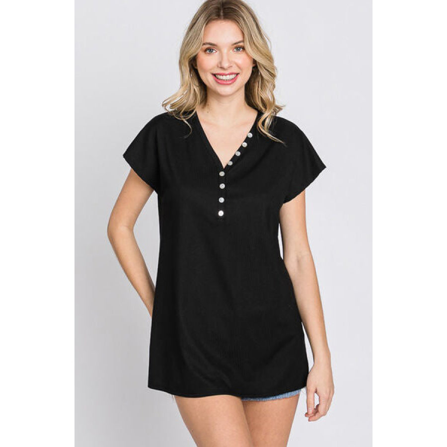 Heimish Full Size Front Button V - Neck Short Sleeve T - Shirt Apparel and Accessories