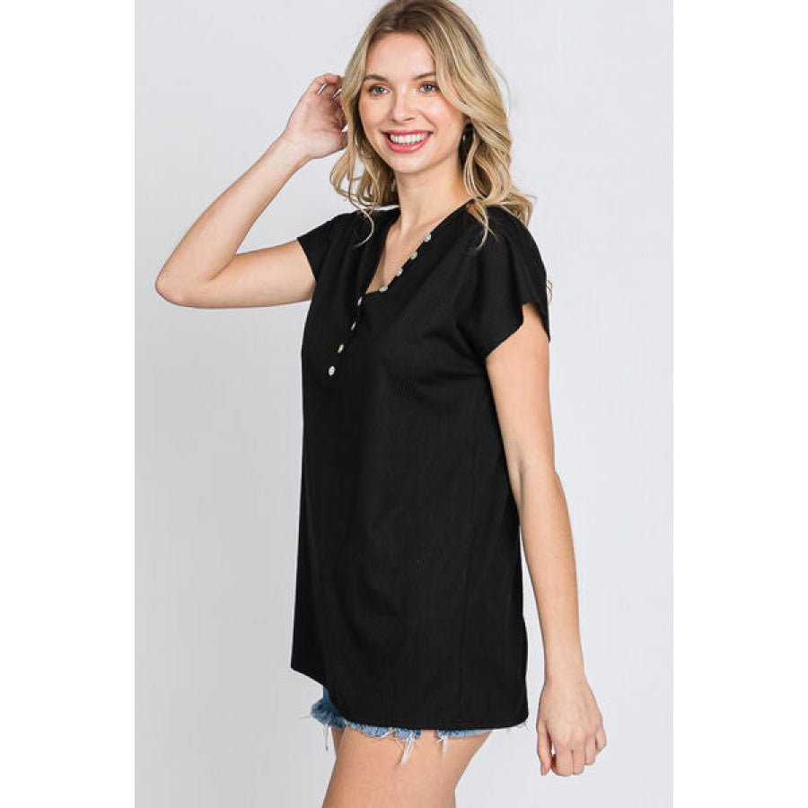 Heimish Full Size Front Button V - Neck Short Sleeve T - Shirt Apparel and Accessories