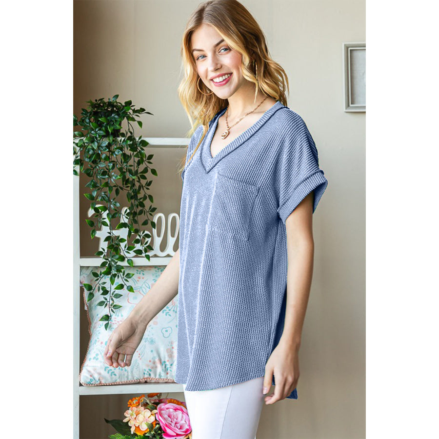 Heimish Full Size Front Pocket Short Sleeve Ribbed Top Apparel and Accessories