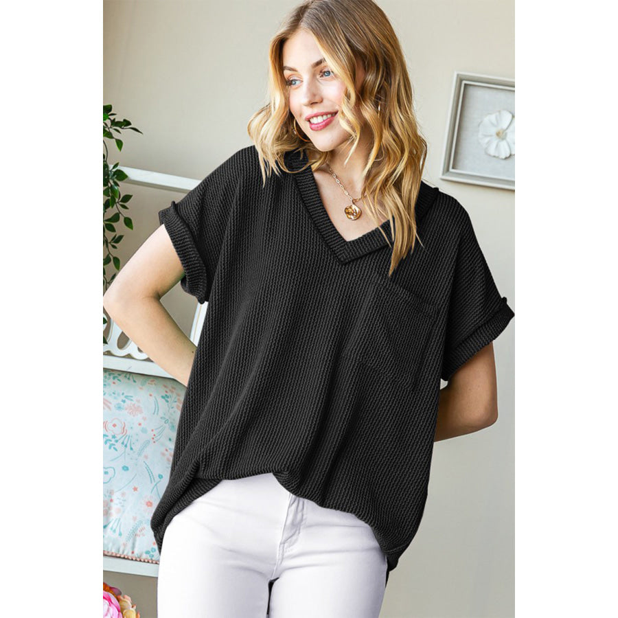Heimish Full Size Front Pocket Short Sleeve Ribbed Top Black / S Apparel and Accessories