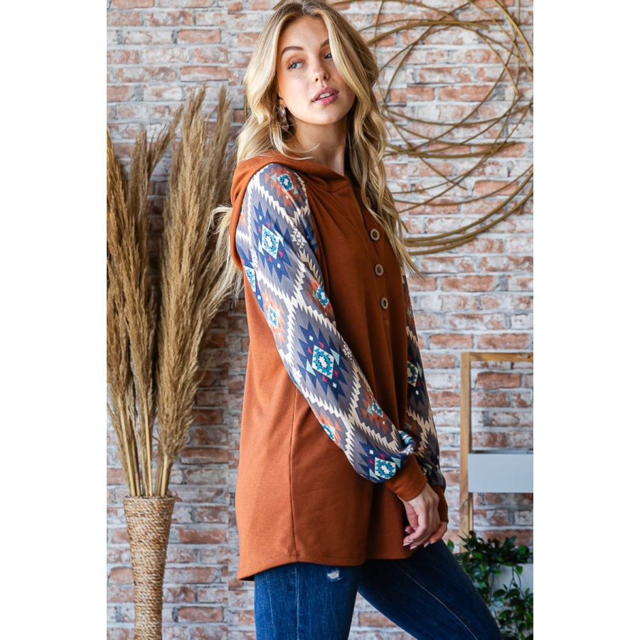 Heimish Full Size Half Button Printed Long Sleeve Hooded Top Apparel and Accessories