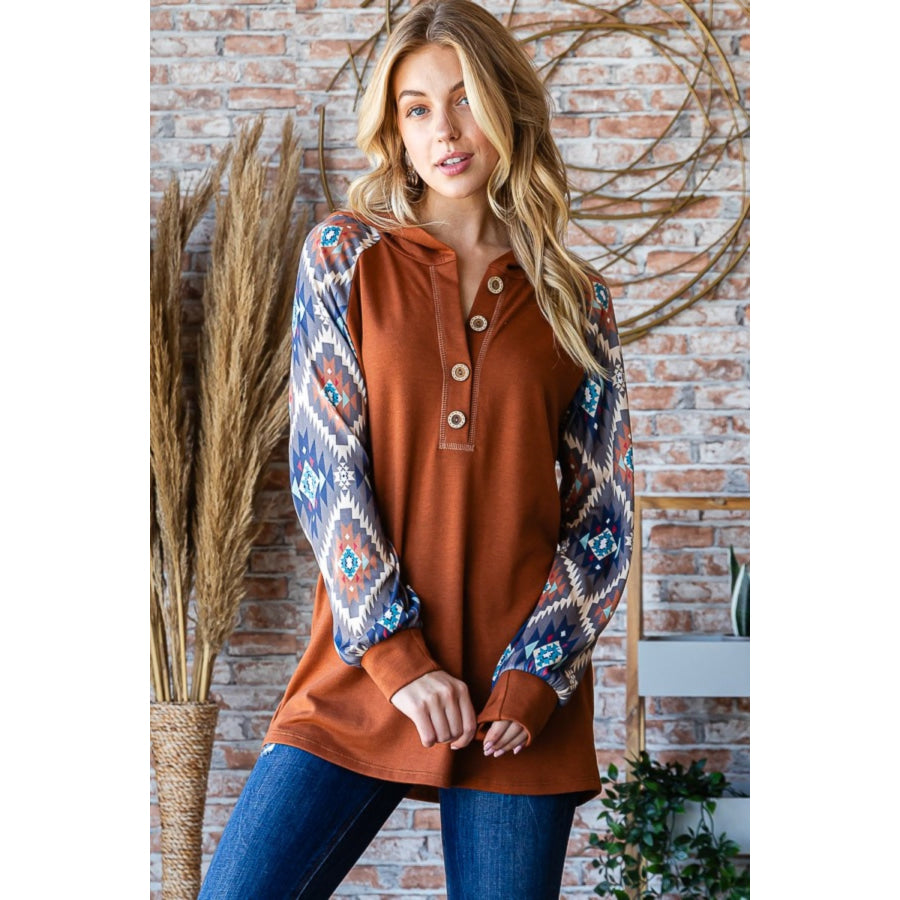 Heimish Full Size Half Button Printed Long Sleeve Hooded Top Apparel and Accessories