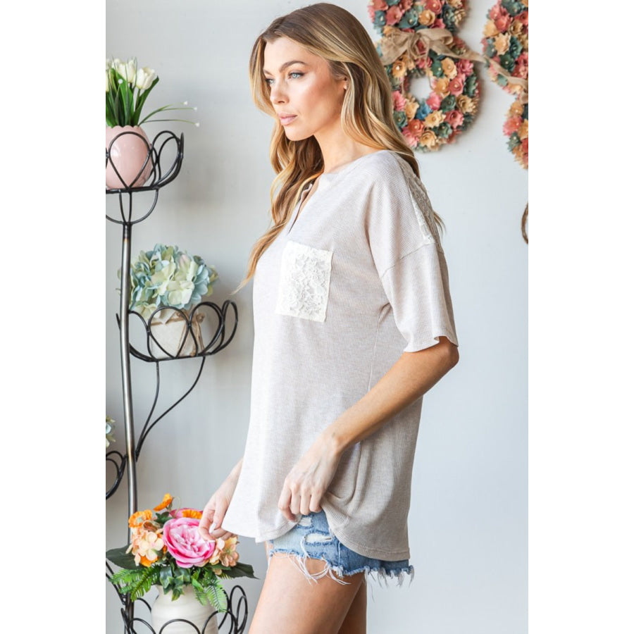 Heimish Full Size Lace Front Pocket Drop Shoulder Top Apparel and Accessories