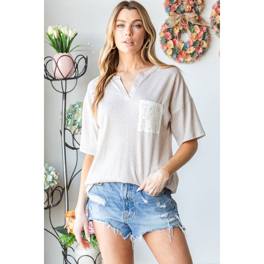 Heimish Full Size Lace Front Pocket Drop Shoulder Top Apparel and Accessories
