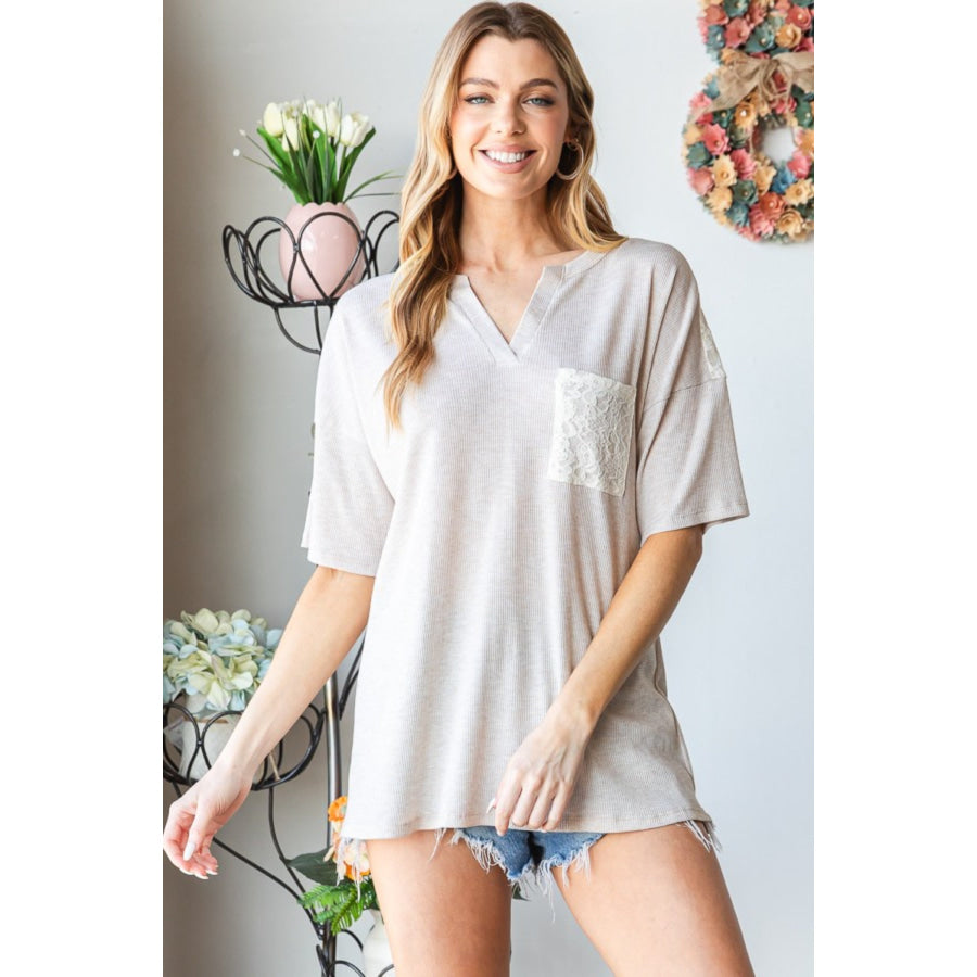 Heimish Full Size Lace Front Pocket Drop Shoulder Top Oatmeal / S Apparel and Accessories