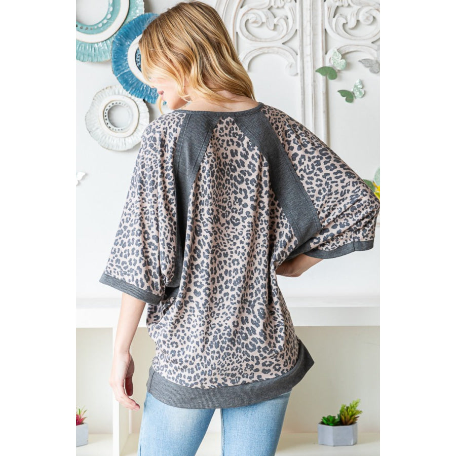 Heimish Full Size Leopard Contrast V-Neck Half Sleeve T-Shirt Apparel and Accessories