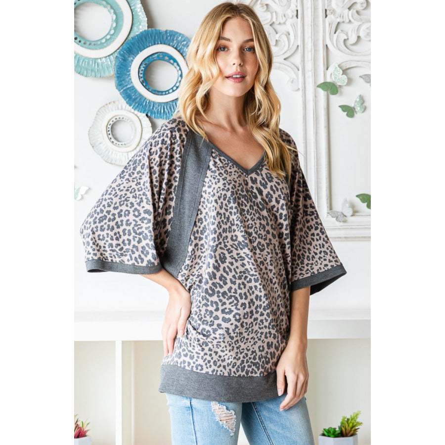 Heimish Full Size Leopard Contrast V-Neck Half Sleeve T-Shirt Apparel and Accessories