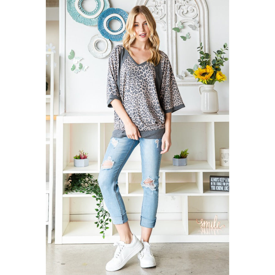 Heimish Full Size Leopard Contrast V-Neck Half Sleeve T-Shirt Apparel and Accessories