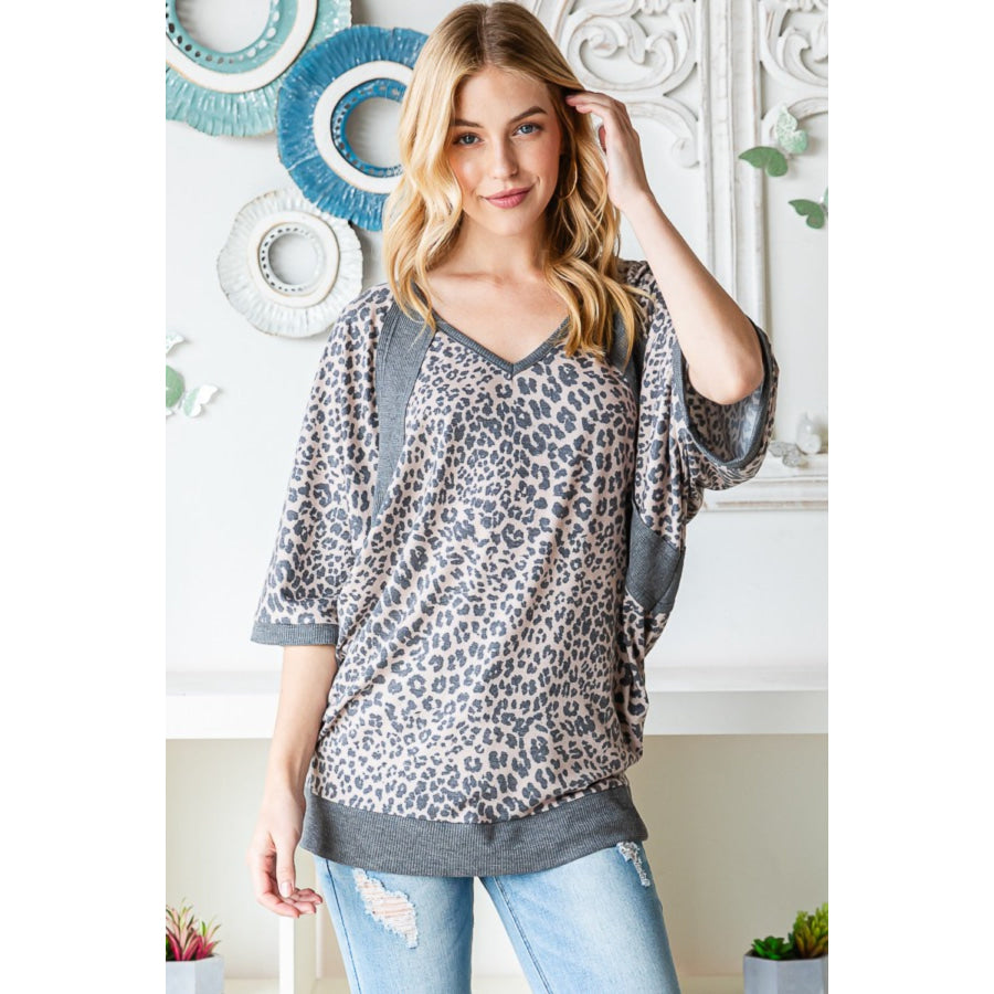 Heimish Full Size Leopard Contrast V-Neck Half Sleeve T-Shirt MOCHA/CHARCOAL / S Apparel and Accessories