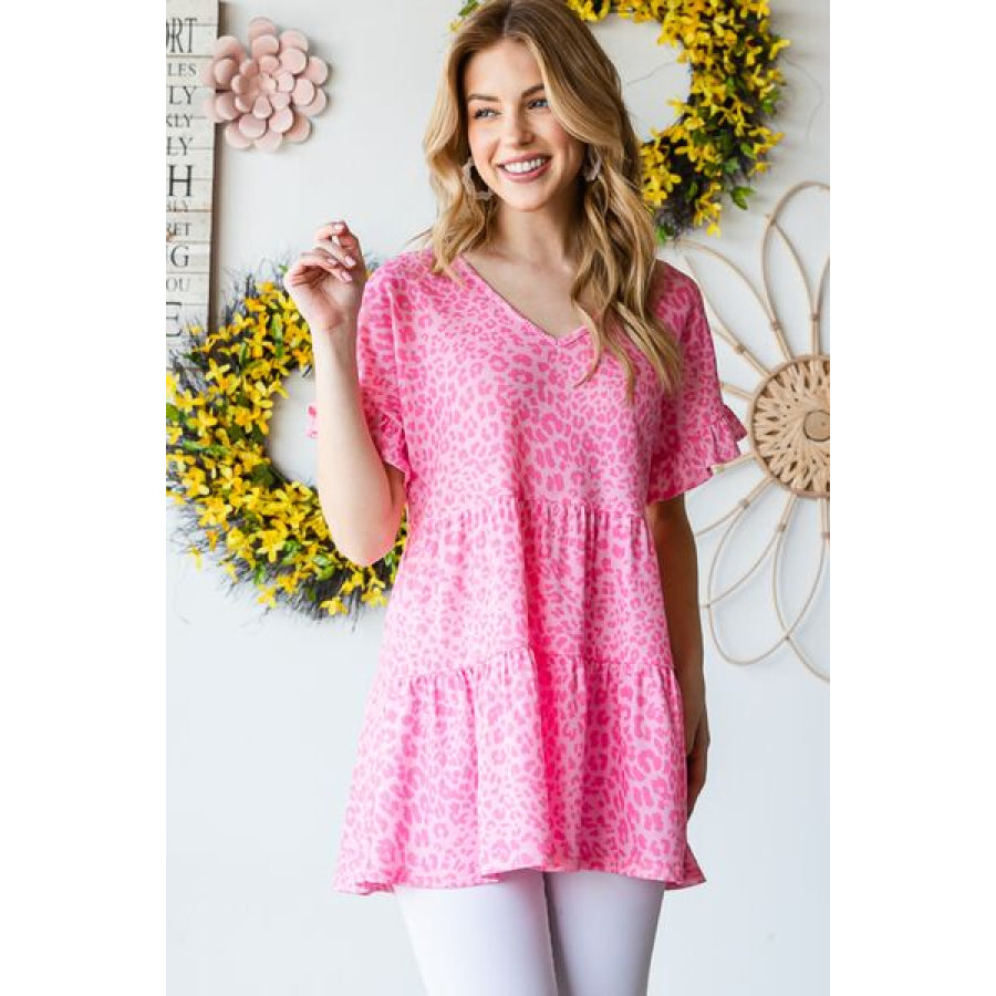 Heimish Full Size Leopard Ruffle Trim Short Sleeve Top Apparel and Accessories