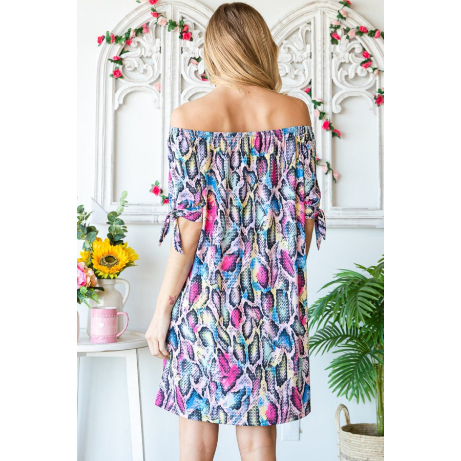 Heimish Full Size Off Shoulder Snake Mini Dress Apparel and Accessories