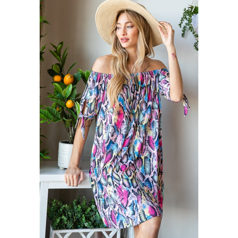 Heimish Full Size Off Shoulder Snake Mini Dress Apparel and Accessories