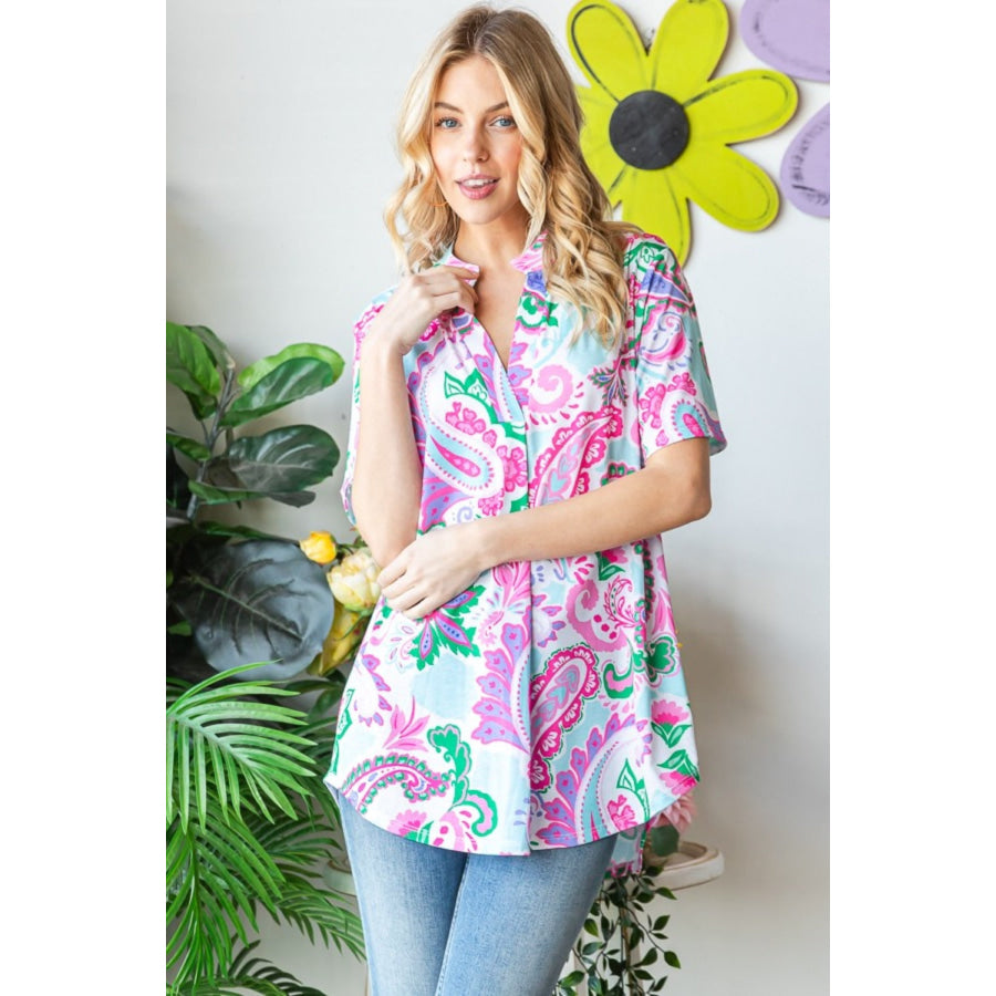 Heimish Full Size Paisley Print Short Sleeve Top Apparel and Accessories