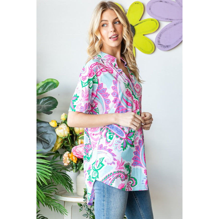 Heimish Full Size Paisley Print Short Sleeve Top Apparel and Accessories