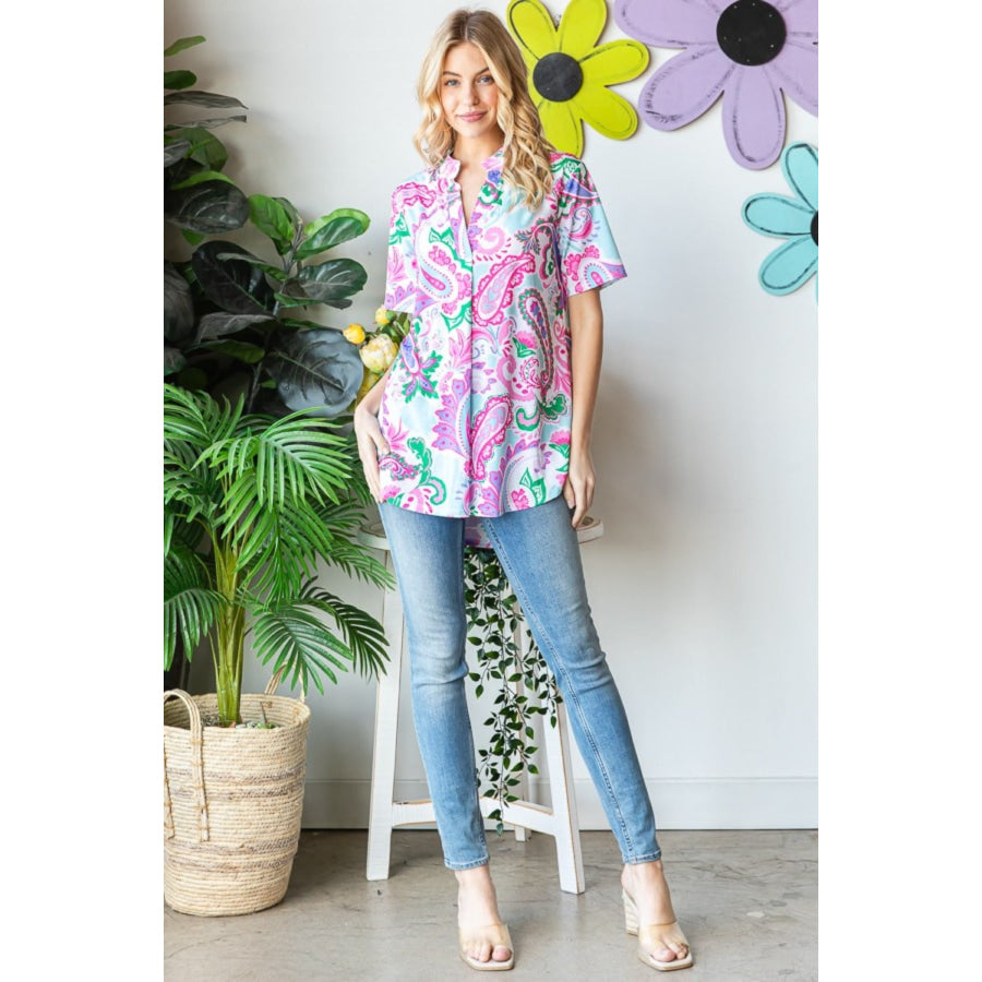 Heimish Full Size Paisley Print Short Sleeve Top Apparel and Accessories