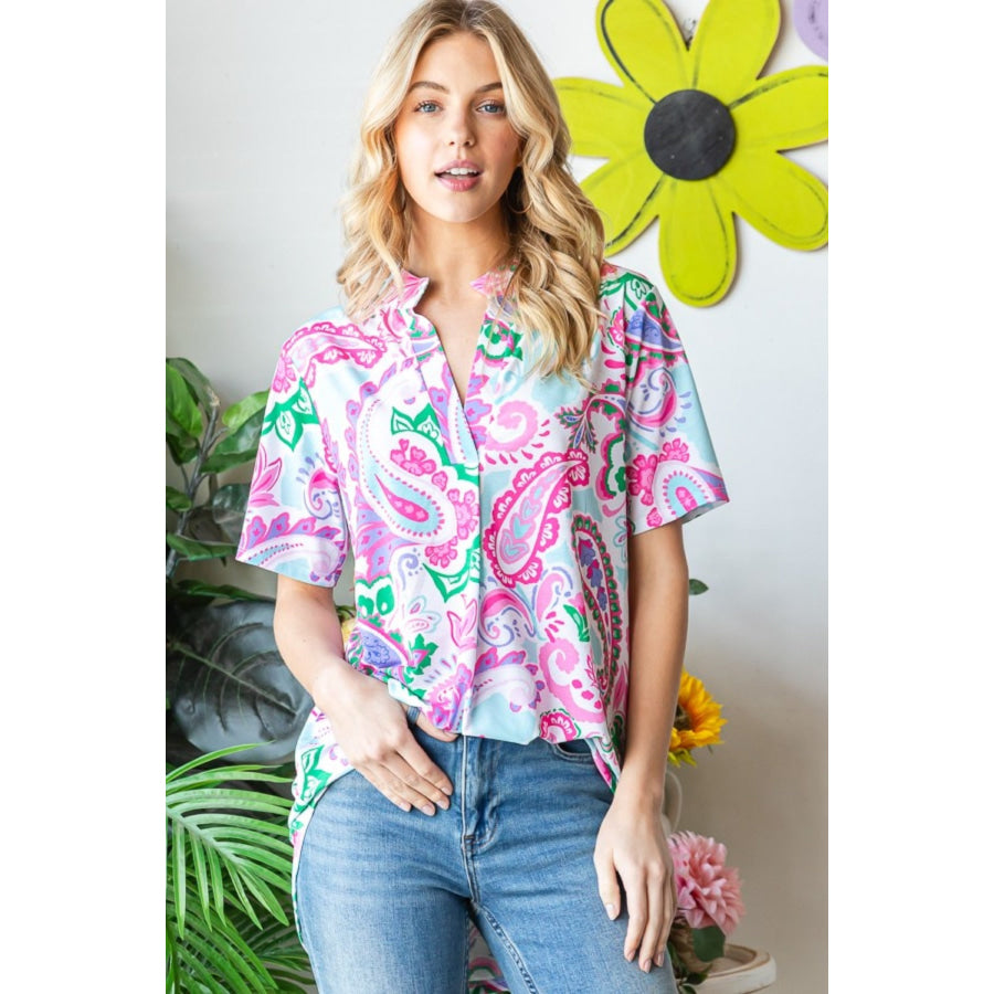 Heimish Full Size Paisley Print Short Sleeve Top Apparel and Accessories