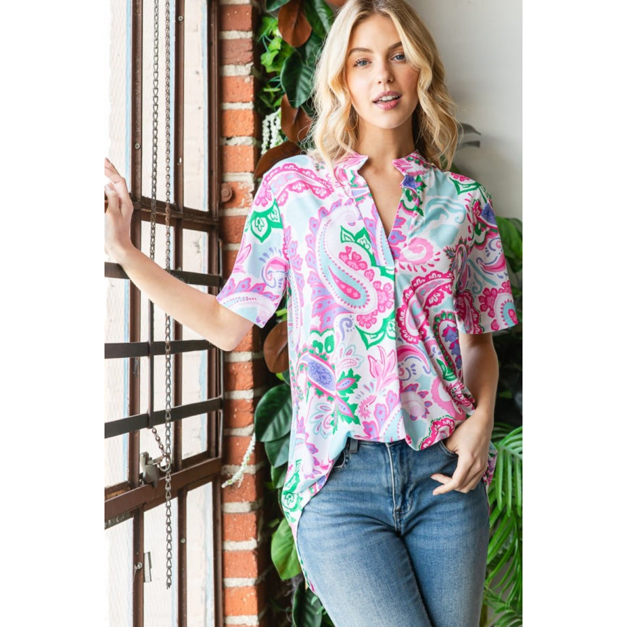 Heimish Full Size Paisley Print Short Sleeve Top Off white/Pink / S Apparel and Accessories