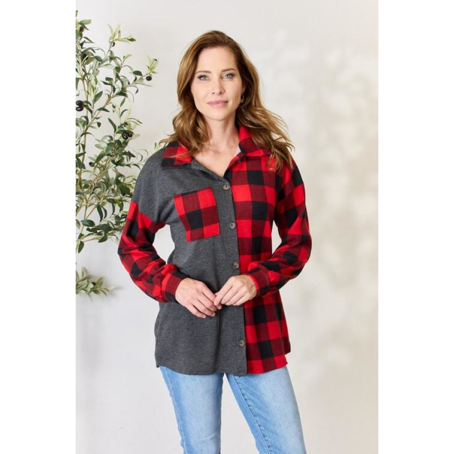Heimish Full Size Plaid Button Down Shacket RED/BLACK / S