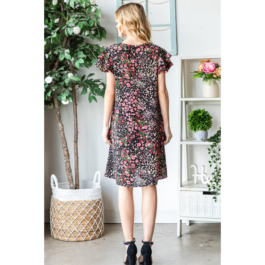 Heimish Full Size Printed Ruffled Short Sleeve Dress with Pockets Apparel and Accessories