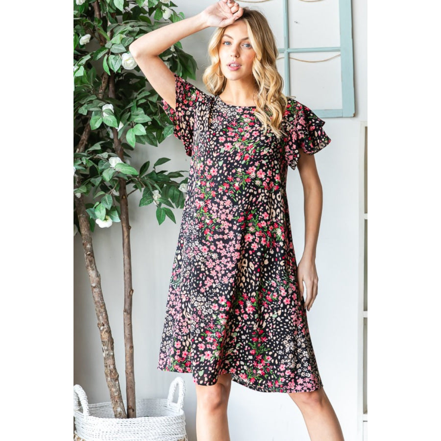 Heimish Full Size Printed Ruffled Short Sleeve Dress with Pockets Apparel and Accessories