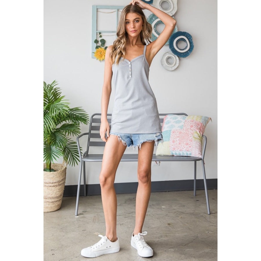 Heimish Full Size Quarter Button Ribbed Cami Apparel and Accessories