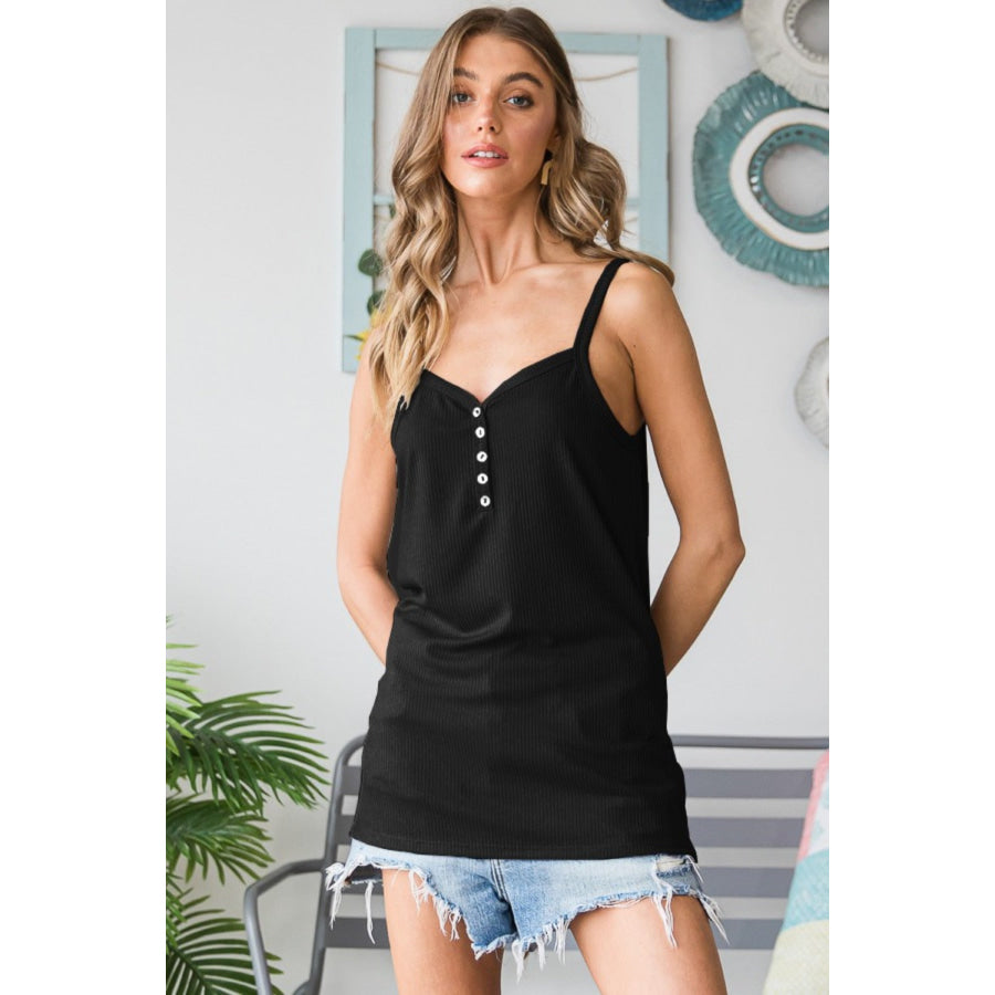 Heimish Full Size Quarter Button Ribbed Cami Black / S Apparel and Accessories