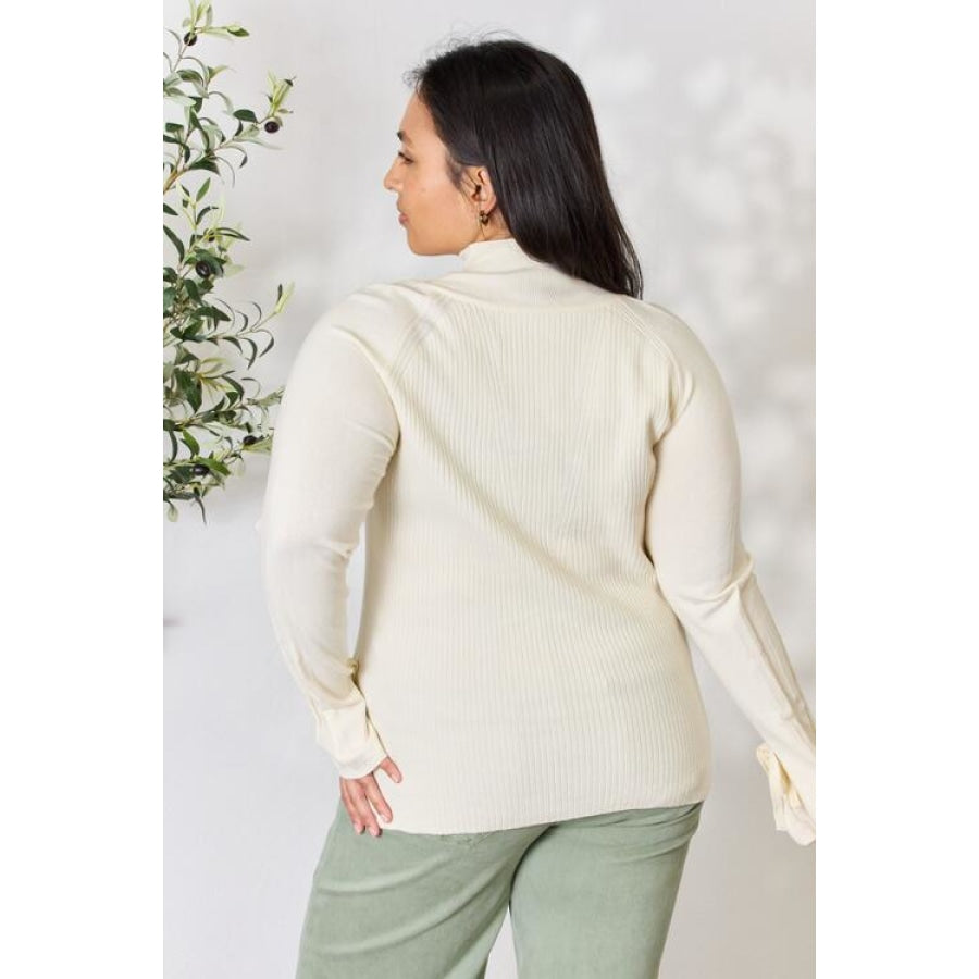 Heimish Full Size Ribbed Bow Detail Long Sleeve Turtleneck Knit Top CREAM / S/M Apparel and Accessories
