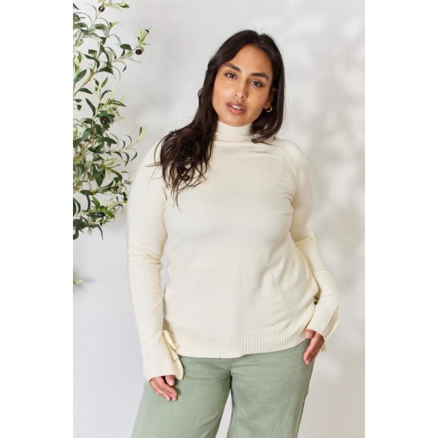 Heimish Full Size Ribbed Bow Detail Long Sleeve Turtleneck Knit Top CREAM / S/M Apparel and Accessories