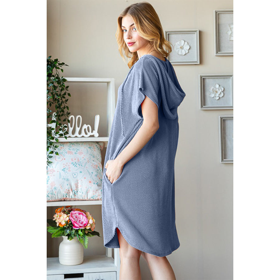 Heimish Full Size Ribbed Short Sleeve Hooded Dress Denim Vintage / S Apparel and Accessories