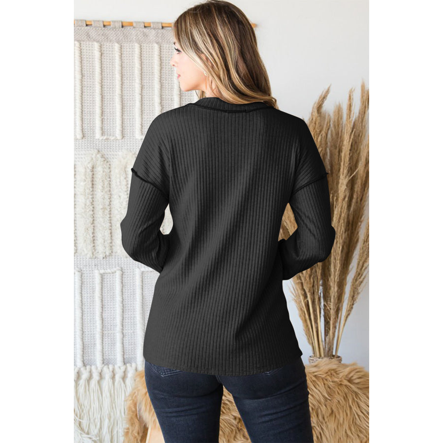 Heimish Full Size Ribbed V-Neck Exposed Seam Top Black / S Apparel and Accessories