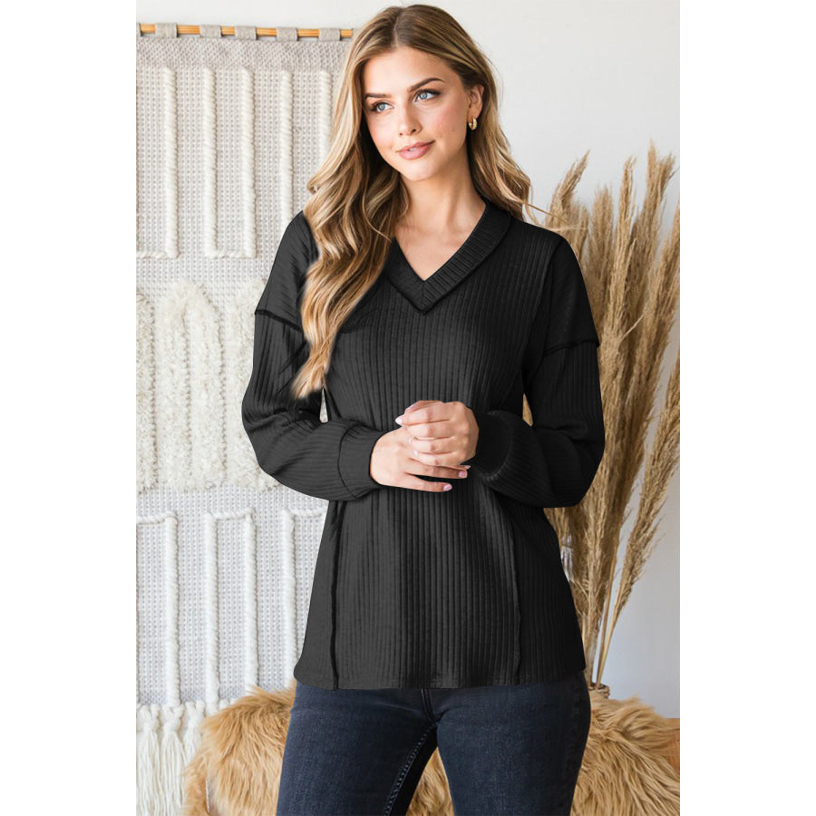 Heimish Full Size Ribbed V-Neck Exposed Seam Top Apparel and Accessories